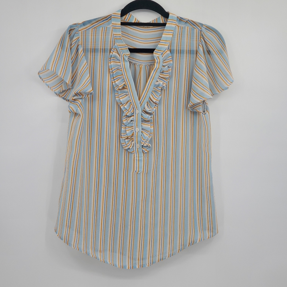 ◇◇ Yellow Waif Striped Ruffle V Neck Blouse Size Medium Blue Yellow White